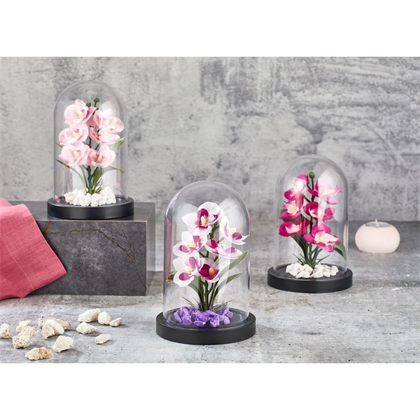 IRIS E5636 ORCHIDEA dekoráció művirággal búrában 11x18cm (Újszerű)