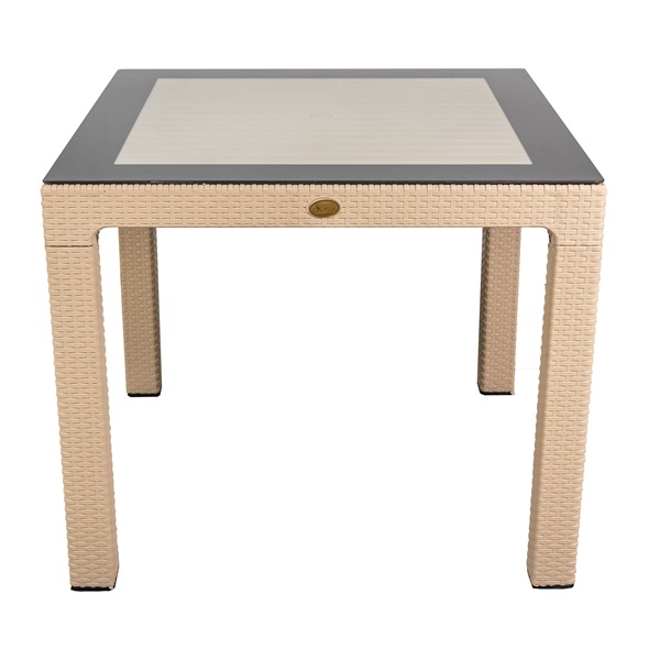 IRIS GF-820C ORIGINAL CAPPUCCINO műanyag kerti asztal rattan üveglappal 90x90cm