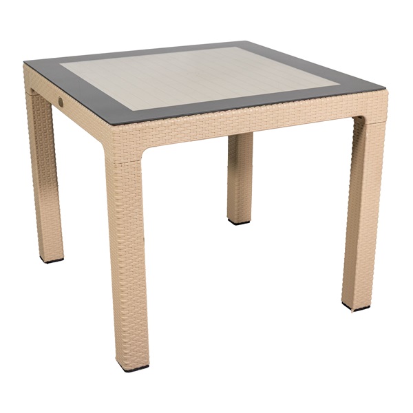 IRIS GF-820C ORIGINAL CAPPUCCINO műanyag kerti asztal rattan üveglappal 90x90cm