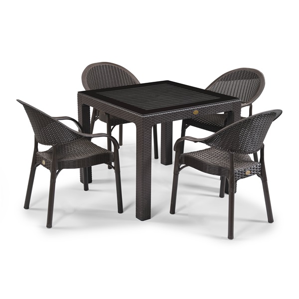 IRIS GF-820BR ORIGINAL barna műanyag kerti asztal rattan üveglappal 90x90cm