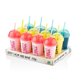 IRIS L-00850 Sumer pohár szívószállal 450ml, rózsaszín, sárga vagy cián színű