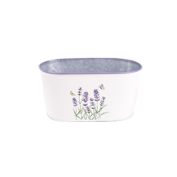 IRIS bádog kaspó ovál, levendula mintás, fehér 23 x 12 cm