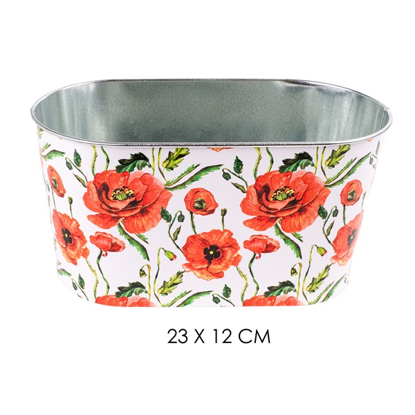 IRIS bádog kaspó ovál pir pipacs 23x12cm