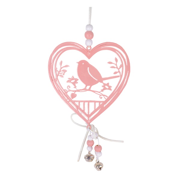 IRIS dekor fém akasztós ajtódísz szív+madár rózsaszín 30x11cm