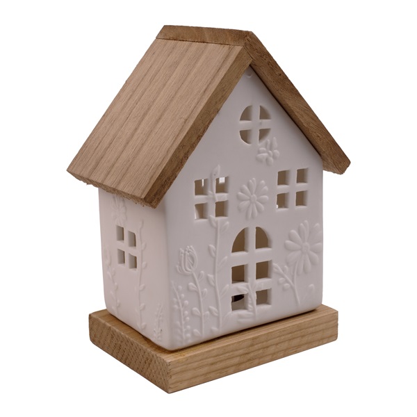 IRIS dekor kerámia ház/fa fehér/barna+led 12x17cm