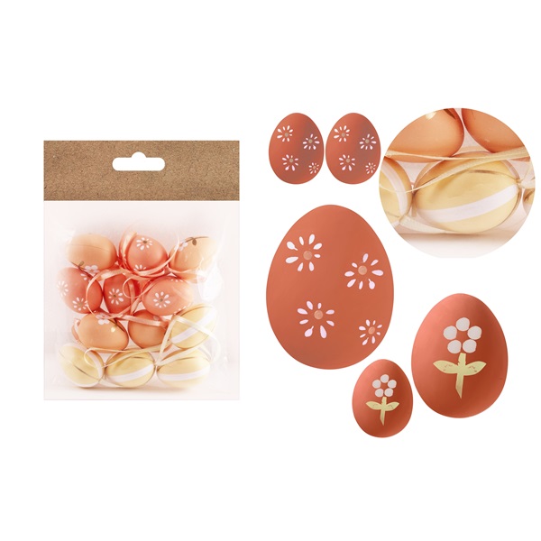 IRIS dekor műanyag tojás x12 narancs virágos/csíkos3x4cm