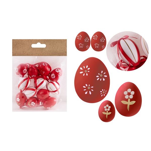 IRIS dekor műanyag tojás x12 piros virágos/csíkos 3x4cm