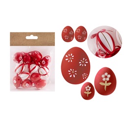 IRIS dekor műanyag tojás x12 piros virágos/csíkos 3x4cm