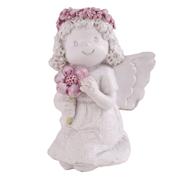 IRIS dekor műgyanta angyal áll+virág koszorú fehér 9,8cm