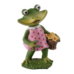 IRIS dekor műgyanta béka+virágkosár zöld/rózsaszín 9,9cm