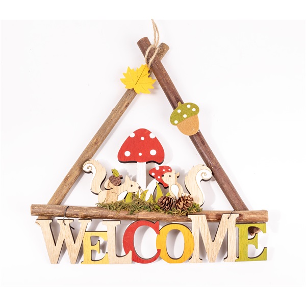 IRIS fa kopogtató, 2 mókus és gombák, "welcome" felirat 25 x 25cm