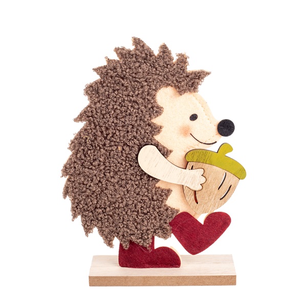 IRIS filc sündisznó fa talpon, makkal, barna 15 x 5 x 20cm