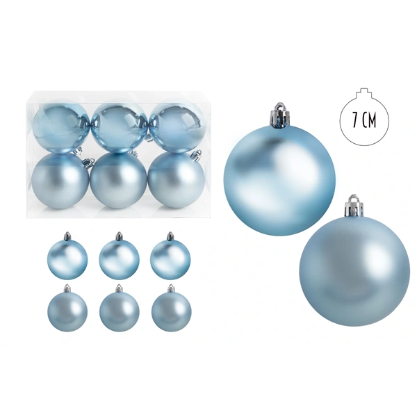 IRIS karácsonyi dísz  gömb, szettben, pvc dobozban, 6dbos, azúrkék 7 cm