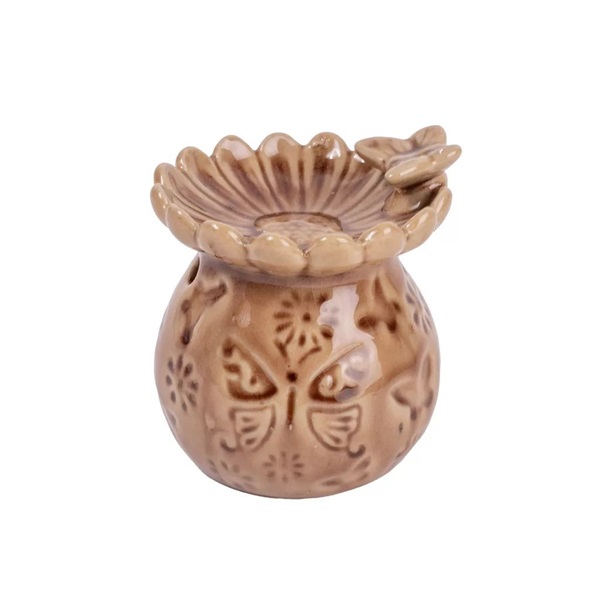 IRIS kerámia olajmécses, lepke mintás, lepkével, világos barna 10 cm