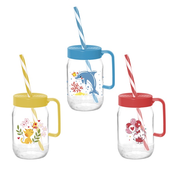 IRIS mintás bögre szívószállal 370ml, delfin, cica vagy elefánt minta 111761-302