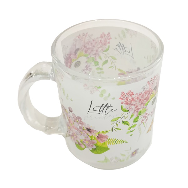 IRIS üveg bögre, lila virágcsokor mintás 7,8 x 9,7cm