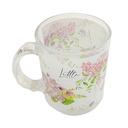 IRIS üveg bögre, lila virágcsokor mintás 7,8 x 9,7cm