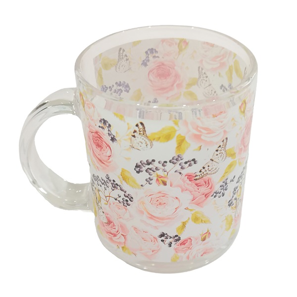 IRIS üveg bögre, nagy rózsa mintás, rózsaszín 9,7cm