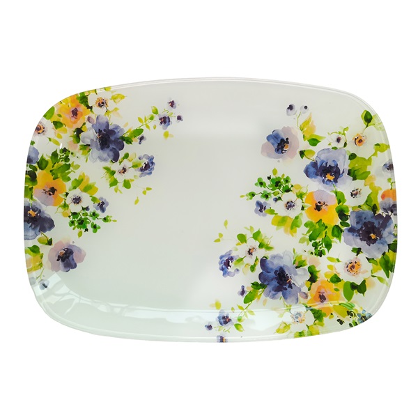 IRIS üveg kínáló, kék sárga virágos 30 x 20cm