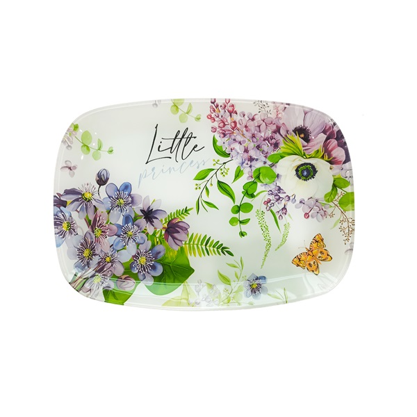 IRIS üveg kínáló, lila virágcsokor mintás 30 x 20cm