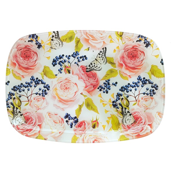 IRIS üveg kínáló, nagy rózsa mintás, rózsaszín 30 x 20cm