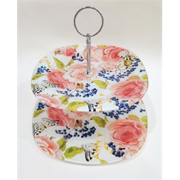 IRIS üveg sütikínáló, 2 részes, nagy rózsa mintás, rózsaszín 20+25cm