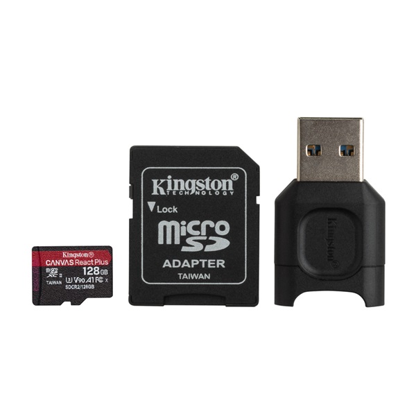 Kingston 128GB SD micro Canvas React Plus (SDXC Class 10 UHS-II U3) (MLPMR2/128GB) memória kártya adapterrel, olvasóval