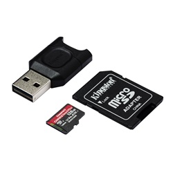 Kingston 128GB SD micro Canvas React Plus (SDXC Class 10 UHS-II U3) (MLPMR2/128GB) memória kártya adapterrel, olvasóval