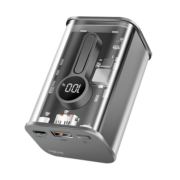 Logilink PA0306 Power bank 10000 mAh, 1x USB-A, 1x USB-C, kijelzővel, PD & QC, transzp.