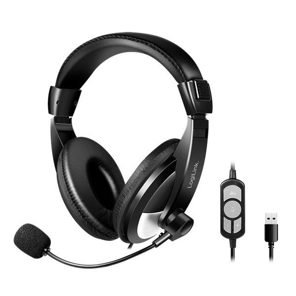 Logilink HS0019A Sztereó fejhallgató vezérlővel, 1x USB-A csatlakozó, boom mikrofon, fekete