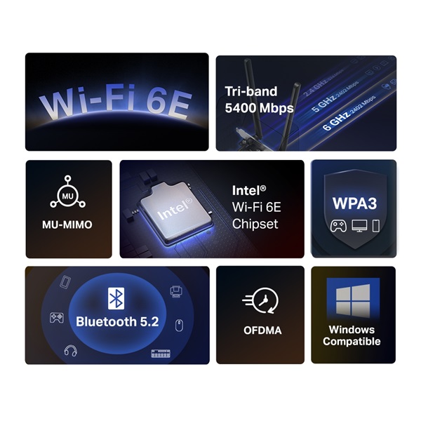 Mercusys MA86XE AXE5400 Wi-Fi 6E Bluetooth 5.2 PCIe fekete adapter