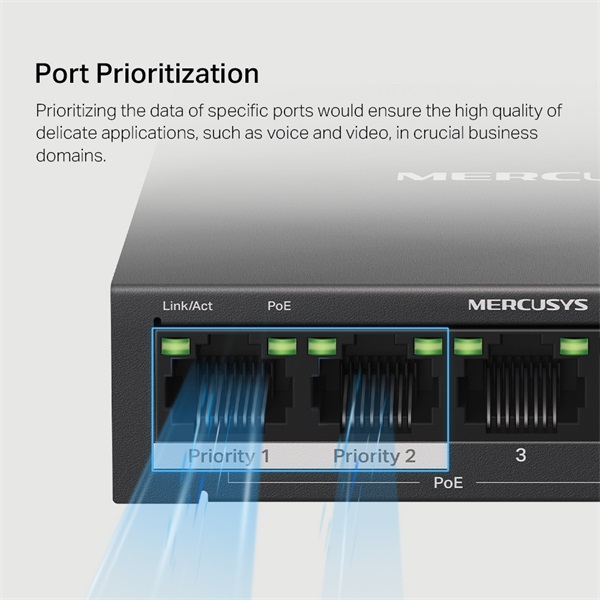 Mercusys MS105GP 5port 10/100/1000Mbps 4 port PoE+ nem menedzselhető asztali PoE+ Switch