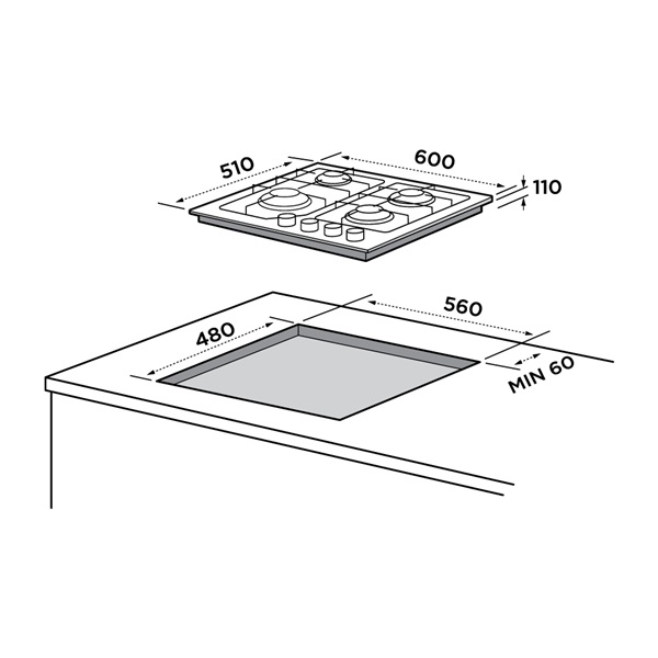 Midea MG60084TGB-HR fekete, beépíthető, gáz, főzőzóna: 4 +1 wok égőfej, beépíthető méret: 56cm, főzőlap