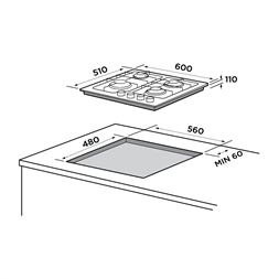 Midea MG60084TGB-HR fekete, beépíthető, gáz, főzőzóna: 4 +1 wok égőfej, beépíthető méret: 56cm, főzőlap
