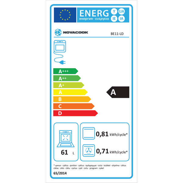 Novacook BE11-LD fekete, beépíthető, sütőtér: 61L, grill, légkeverés, sütő