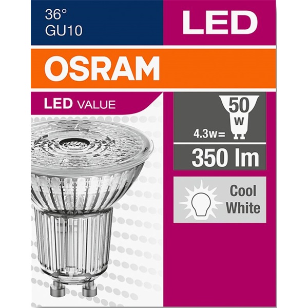 Osram Value PAR16 üveg ház/4,3W/350lm/6500K/GU10/230V LED spot izzó