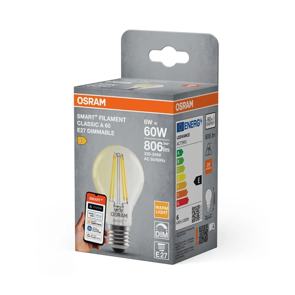 Osram SMART+ MATTER Classic A60, H60W, dimm, 6W, 2700K, E27 fényforrás