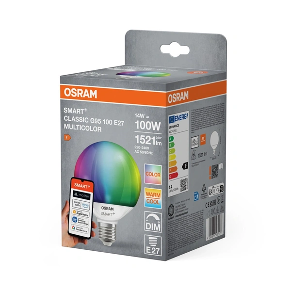 Osram SMART+ MATTER G95 RGBW, állíth.színhőm. matt, 14W E27 fényforrás