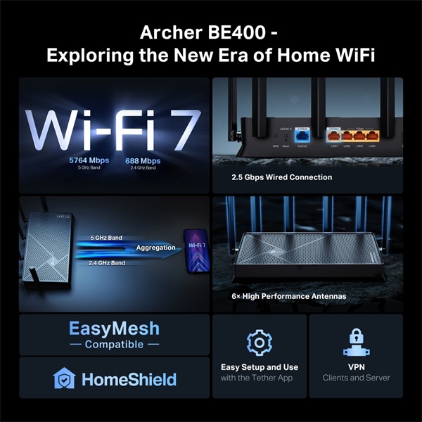 TP-Link Archer BE400 BE6500 fekete kétsávos Wi-Fi 7 router