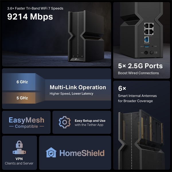 TP-Link Archer BE550 BE9300 fekete háromsávos Wi-Fi 7 router