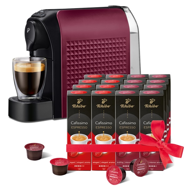 Tchibo Cafissimo Easy Dark Red kapszulás kávéfőző +Caf. Espresso Elegant Aroma 8x10db +Caf.Espresso Intense Aroma 8x10db