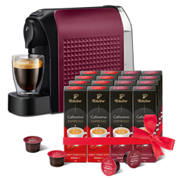 Tchibo Cafissimo Easy Dark Red kapszulás kávéfőző +Caf. Espresso Elegant Aroma 8x10db +Caf.Espresso Intense Aroma 8x10db