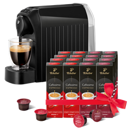 Tchibo Cafissimo Easy Black kapszulás kávéfőző +Caf. Espresso Elegant Aroma 8x10db + Caf. Espresso Intense Aroma 8x10db