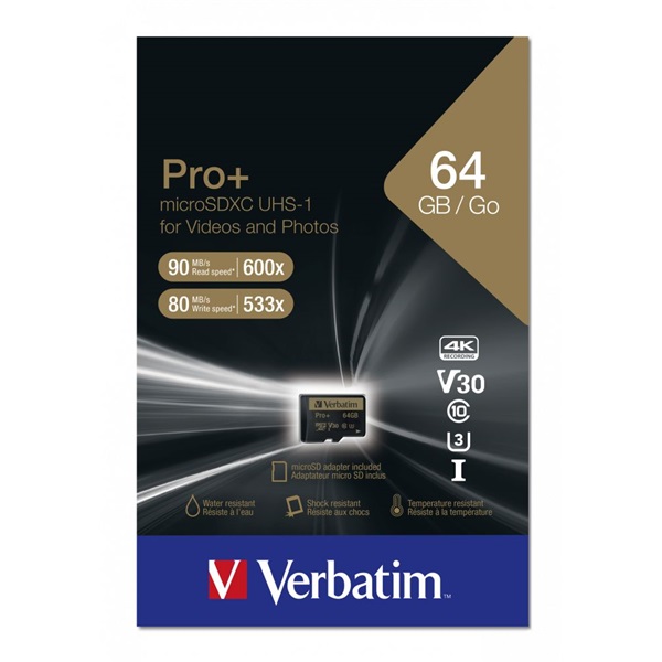 Verbatim 44034 SDXC 64GB Pro+ U3 Class 10 micro memóriakártya + adapter