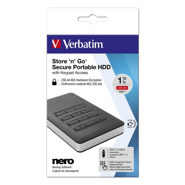 Verbatim 53401 1TB Store `n` Go Secure with Keypad Access külső winchester